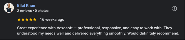 Google review for Vexosoft from Bilal Khan