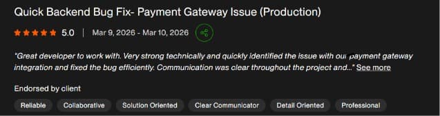 Upwork review for Vexosoft: backend bug fix on payment gateway