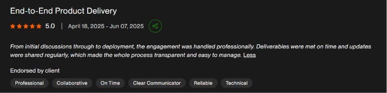 Upwork review for Vexosoft: end-to-end product delivery
