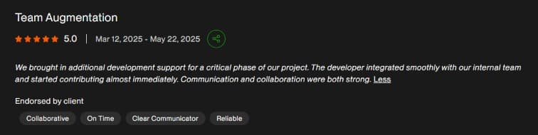 Upwork review for Vexosoft: team augmentation