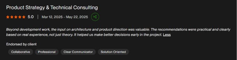 Upwork review for Vexosoft: product strategy and technical consulting